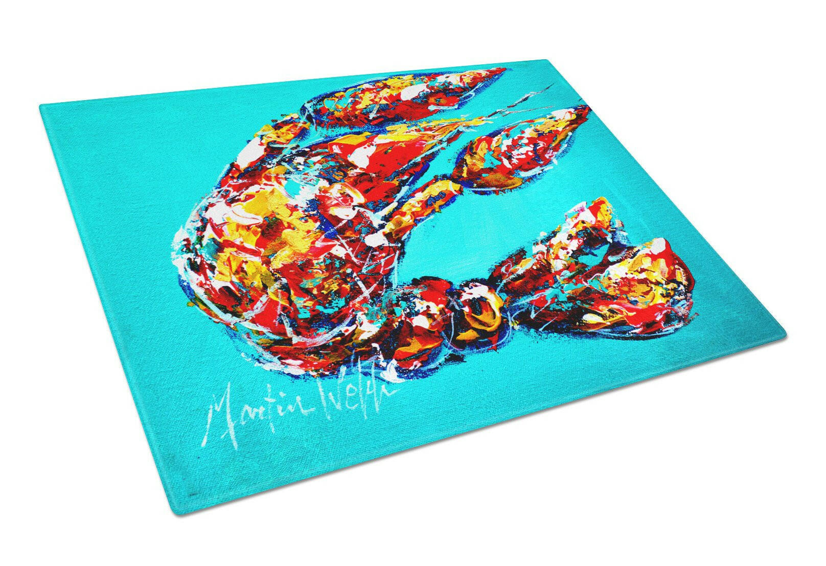 Lucy the Crawfish in blue Cutting Board Tempered Glass Kitchen Cutting Surface, Heat Resistant Chopping, Non-Slip Feet, Food Prep & Serving
