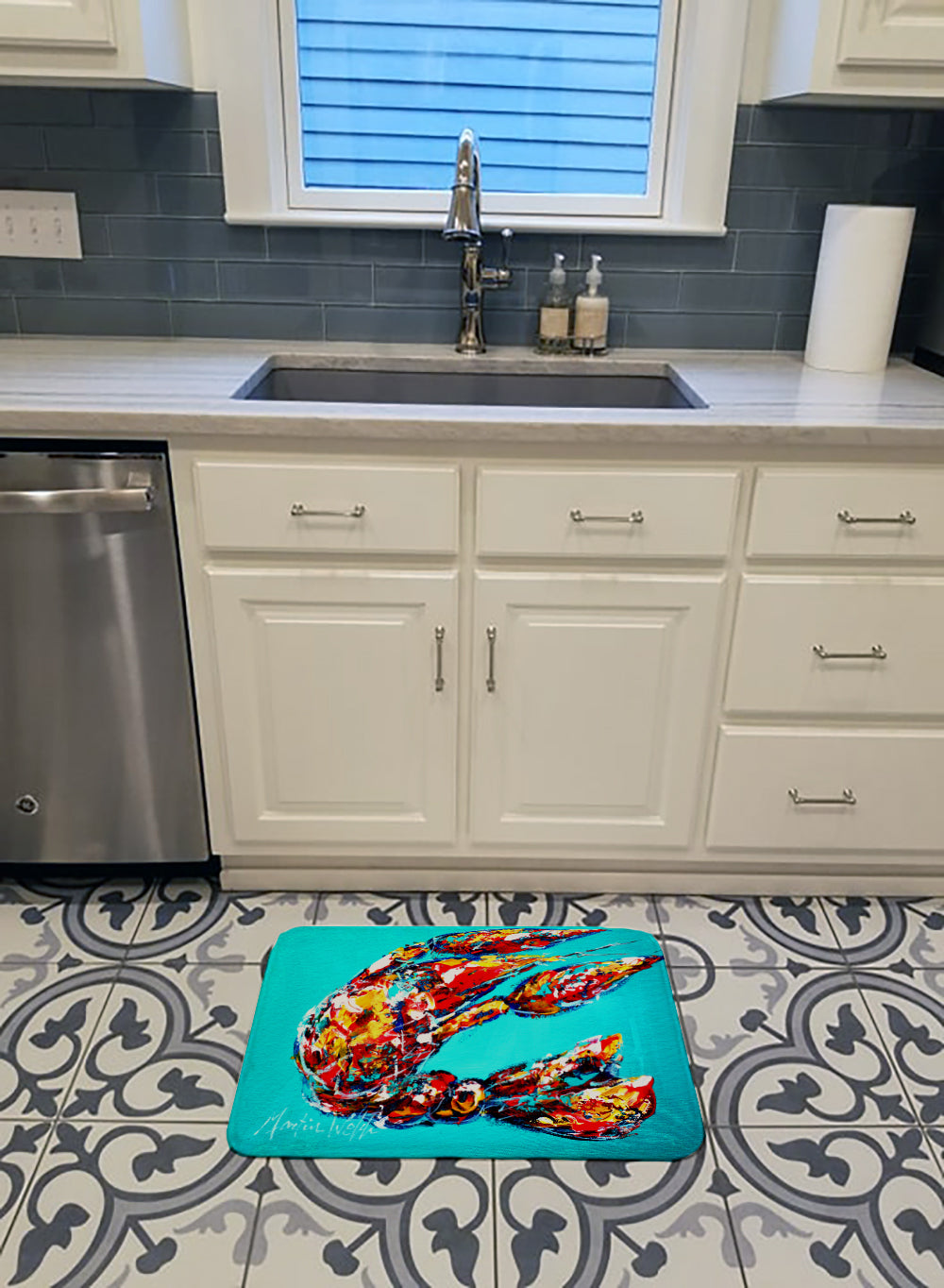 Lucy the Crawfish in blue Memory Foam Kitchen Mat Machine Washable Anti-Fatigue Cushion Comfort Bath or Kitchen Rug
