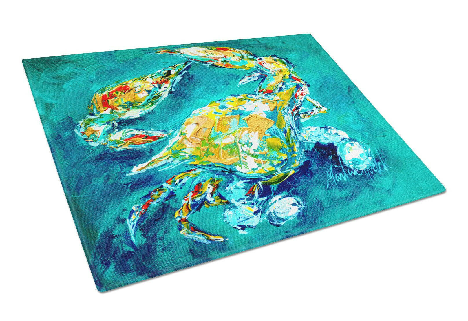 By Chance Crab in Aqua blue Cutting Board Tempered Glass Kitchen Cutting Surface, Heat Resistant Chopping, Non-Slip Feet, Food Prep & Serving