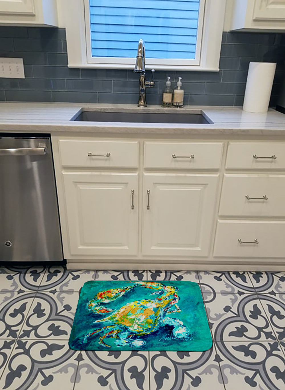 By Chance Crab in Aqua blue Memory Foam Kitchen Mat Machine Washable Anti-Fatigue Cushion Comfort Bath or Kitchen Rug
