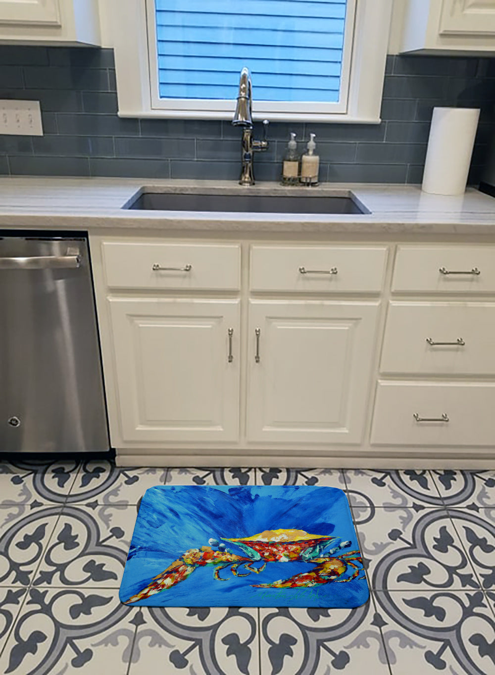 Big Spash Crab in blue Memory Foam Kitchen Mat Machine Washable Anti-Fatigue Cushion Comfort Bath or Kitchen Rug