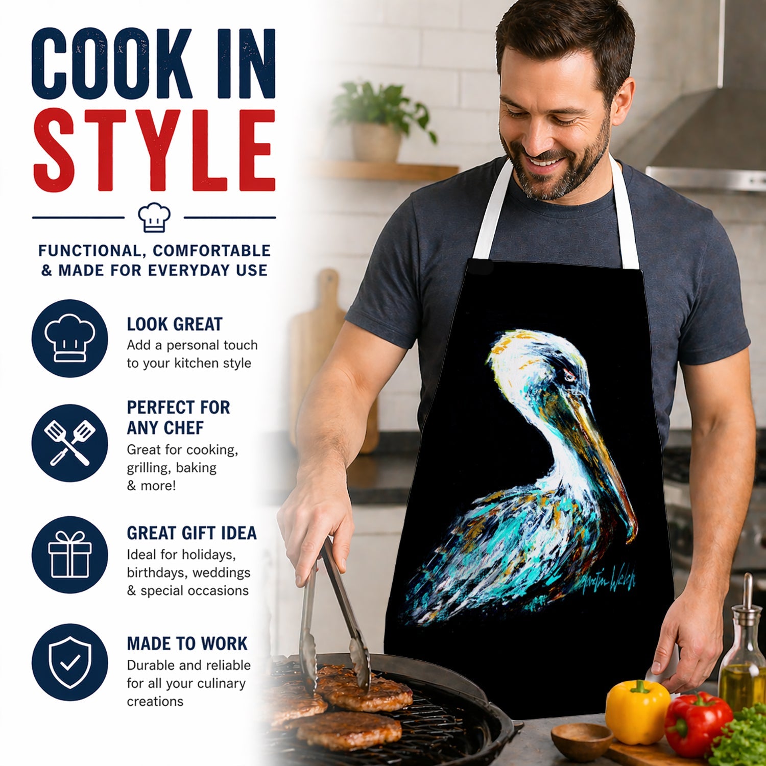 Dressed in Black Pelican Apron Cooking Kitchen Server Baking Crafts Gardening for Adult Women Men, Unisex, Large, Multicolor