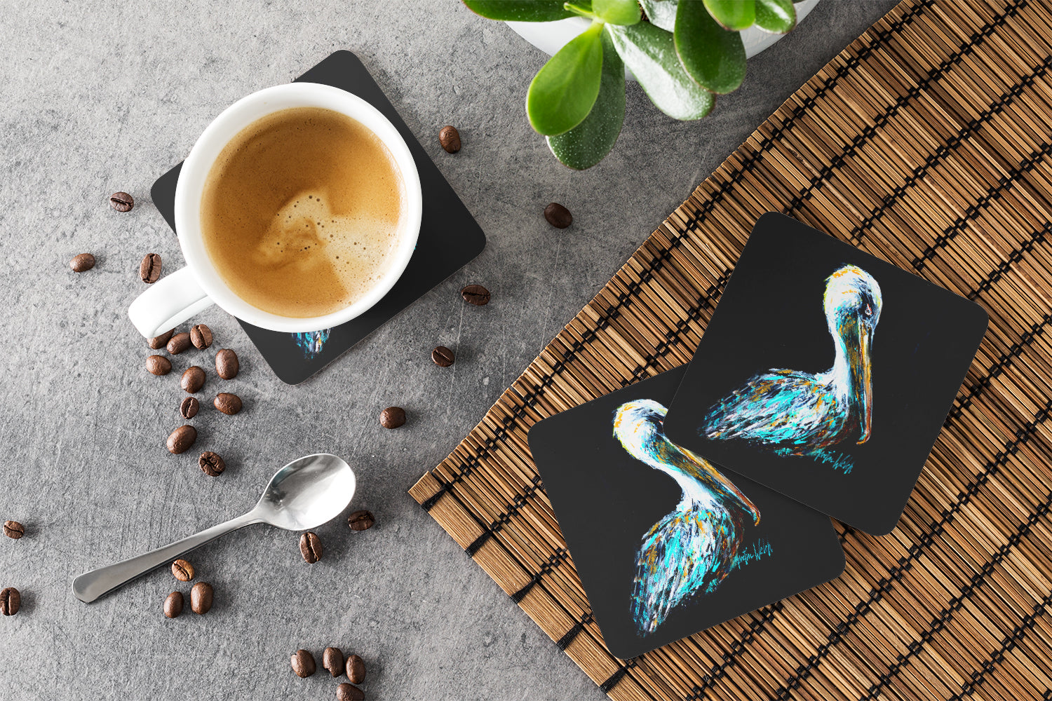 Dressed in Black Pelican Foam Coasters Set of 4 Cup Coasters for Indoor Outdoor, Tabletop Protection, Anti Slip, Mouse pad Material