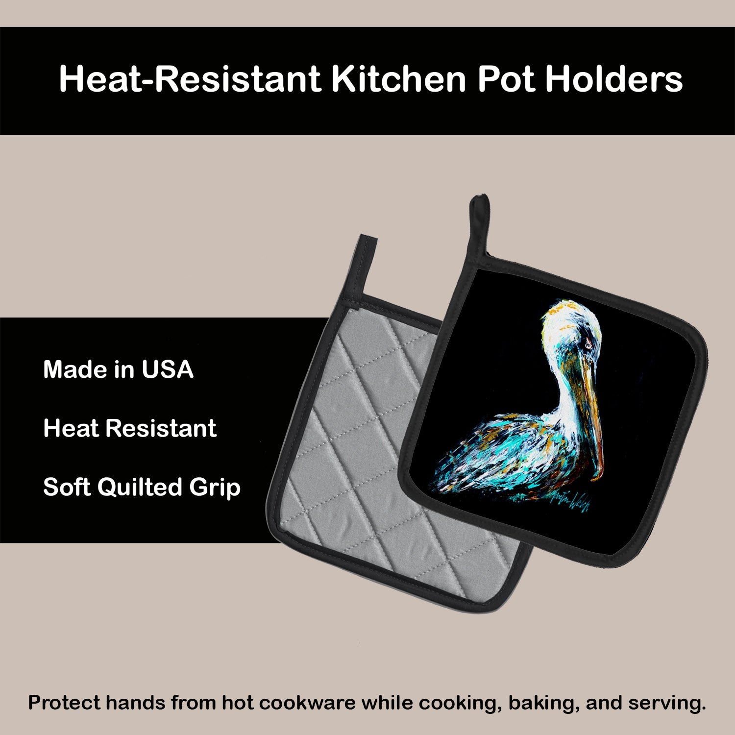 Dressed in Black Pelican Pot Holder Set of 2 Heat Resistant Quilted Hot Pads 7.5 x 7.5 Inch, Insulated Kitchen Trivets for Cooking & Baking
