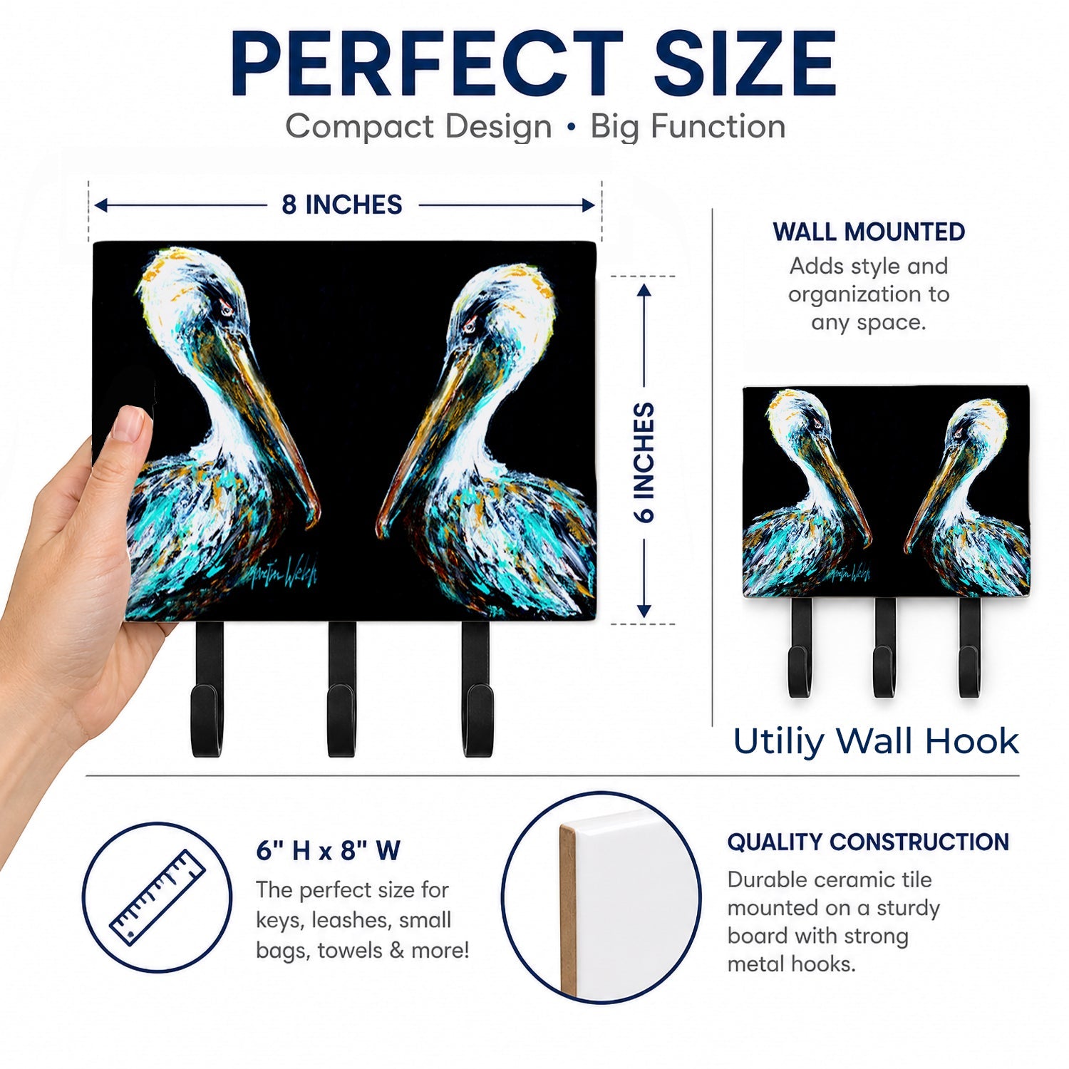 Dressed in Black Pelican Leash or Key Holder Wall Hooks, Coat Rack Wall Mount, for Hanging Keys, Towels, Aprons, Leashes