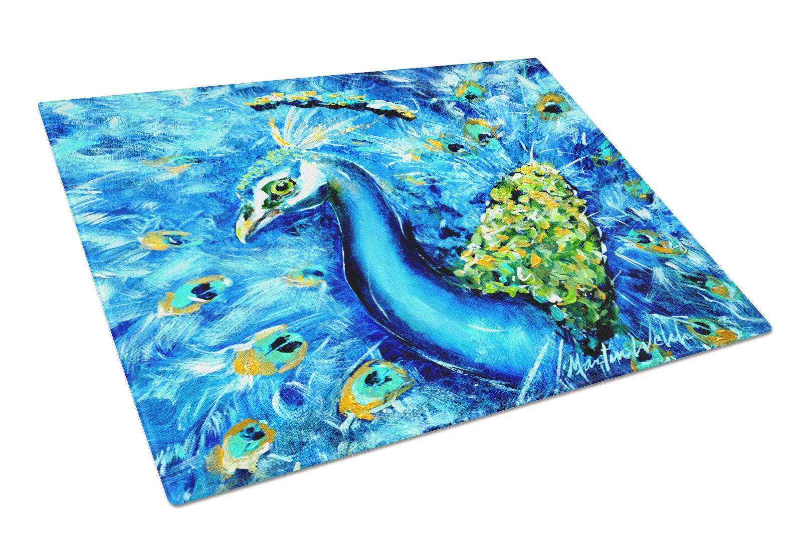 Peacock Straight Up in Blue Cutting Board Tempered Glass Kitchen Cutting Surface, Heat Resistant Chopping, Non-Slip Feet, Food Prep & Serving