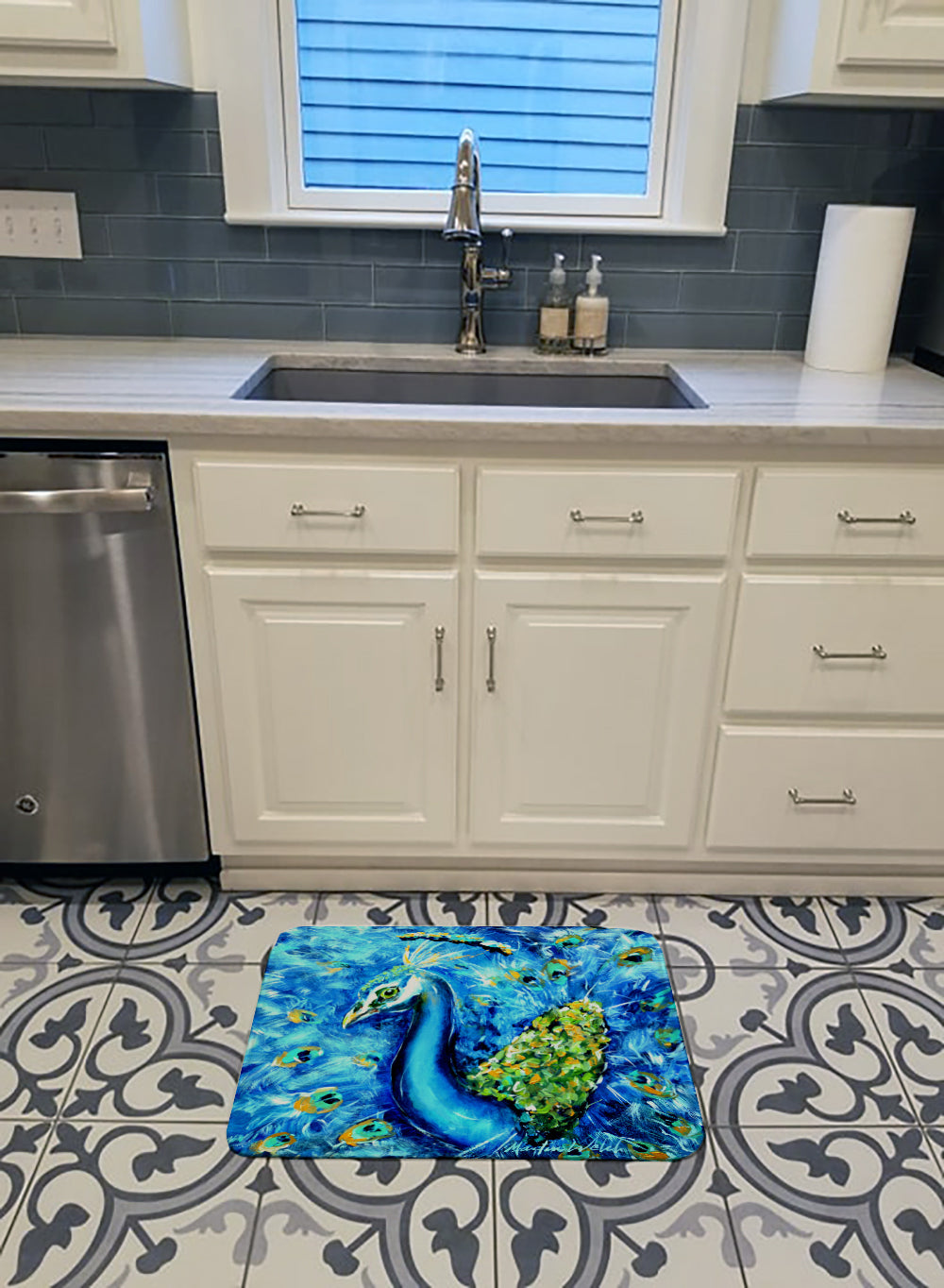 Peacock Straight Up in Blue Memory Foam Kitchen Mat Machine Washable Anti-Fatigue Cushion Comfort Bath or Kitchen Rug