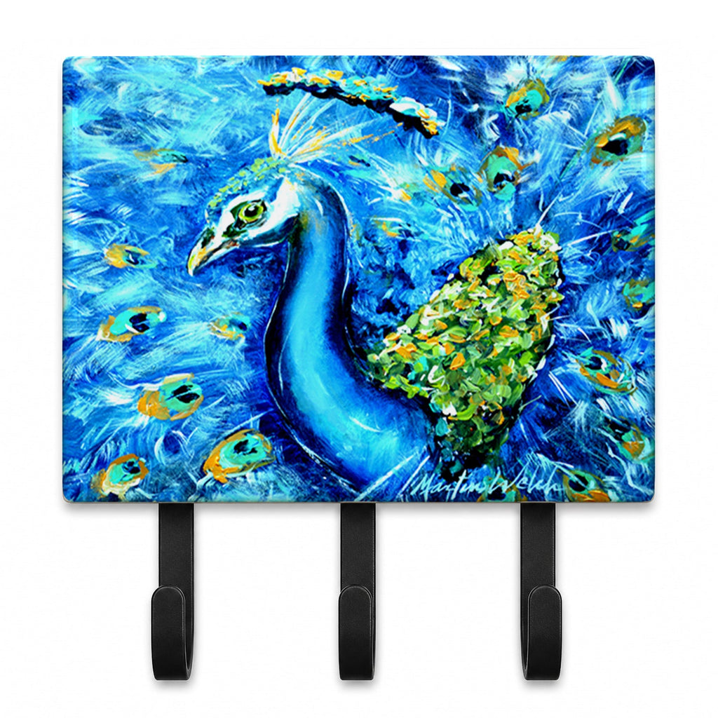 Peacock Straight Up in Blue Leash or Key Holder Wall Hooks, Coat Rack Wall Mount, for Hanging Keys, Towels, Aprons, Leashes