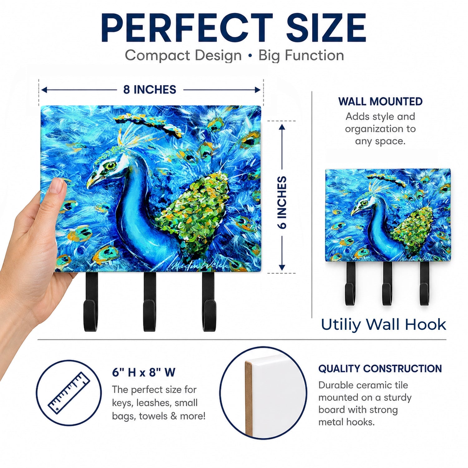 Peacock Straight Up in Blue Leash or Key Holder Wall Hooks, Coat Rack Wall Mount, for Hanging Keys, Towels, Aprons, Leashes