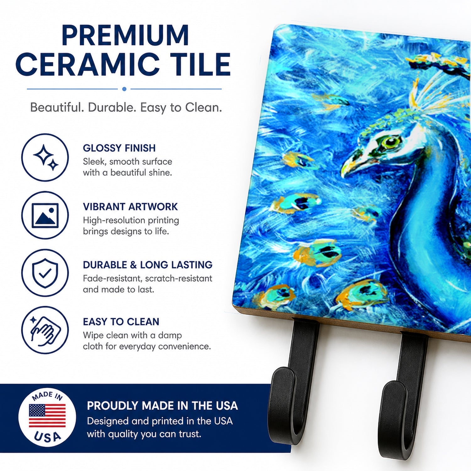 Peacock Straight Up in Blue Leash or Key Holder Wall Hooks, Coat Rack Wall Mount, for Hanging Keys, Towels, Aprons, Leashes