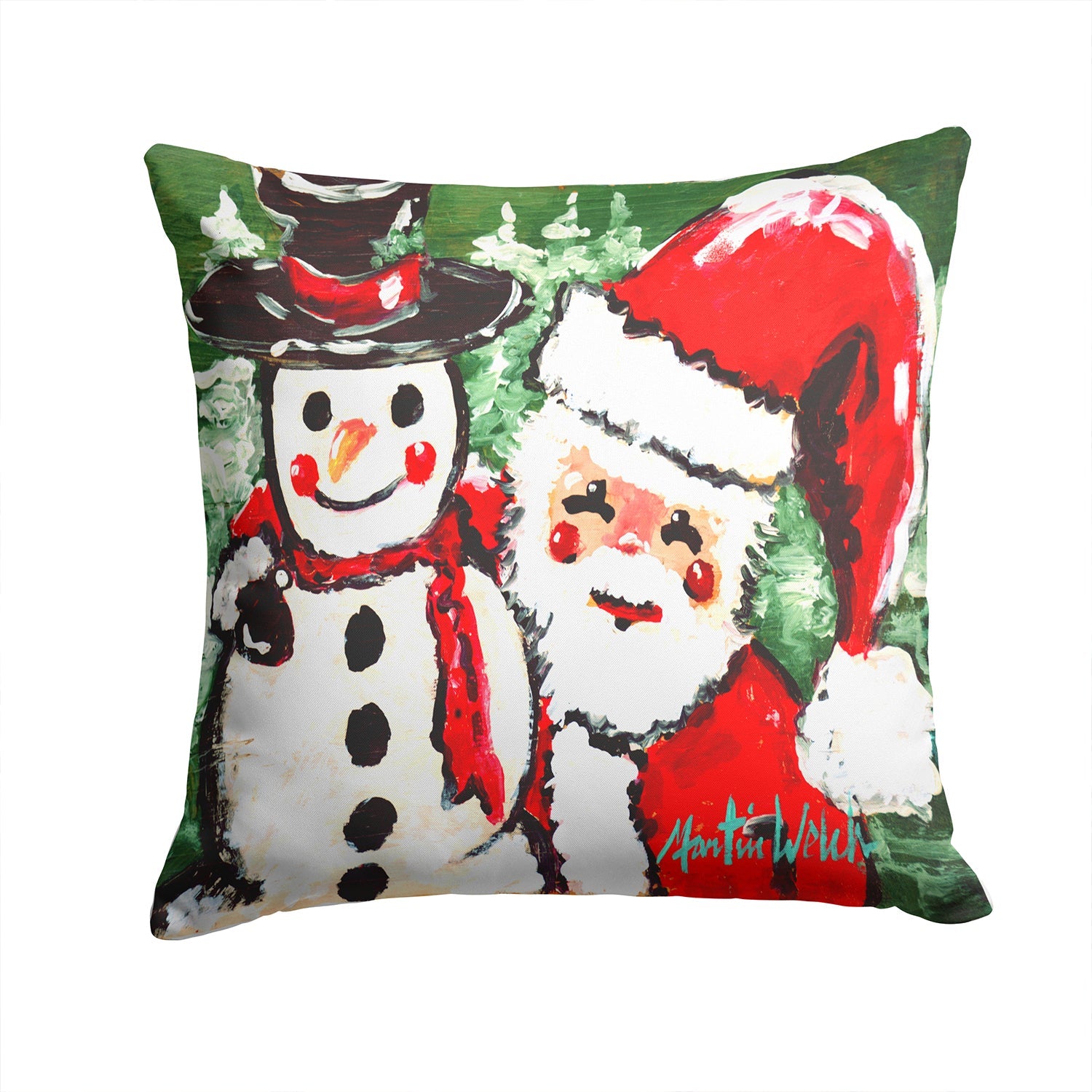 Friends Snowman and Santa Claus Decorative Throw Pillow 14x14 Indoor Outdoor Accent Cushion, Fabric Cover with Insert for Sofa, Bed, Porch & Living Room