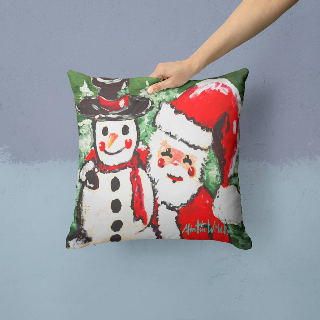 Friends Snowman and Santa Claus Decorative Throw Pillow 14x14 Indoor Outdoor Accent Cushion, Fabric Cover with Insert for Sofa, Bed, Porch & Living Room