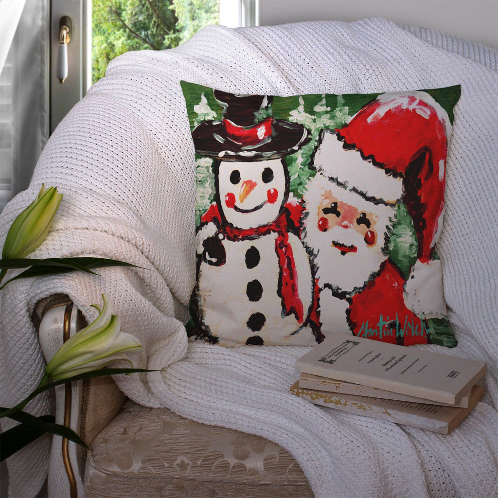 Friends Snowman and Santa Claus Decorative Throw Pillow 14x14 Indoor Outdoor Accent Cushion, Fabric Cover with Insert for Sofa, Bed, Porch & Living Room