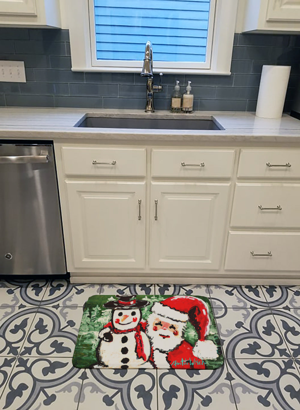 Friends Snowman and Santa Claus Memory Foam Kitchen Mat Machine Washable Anti-Fatigue Cushion Comfort Bath or Kitchen Rug
