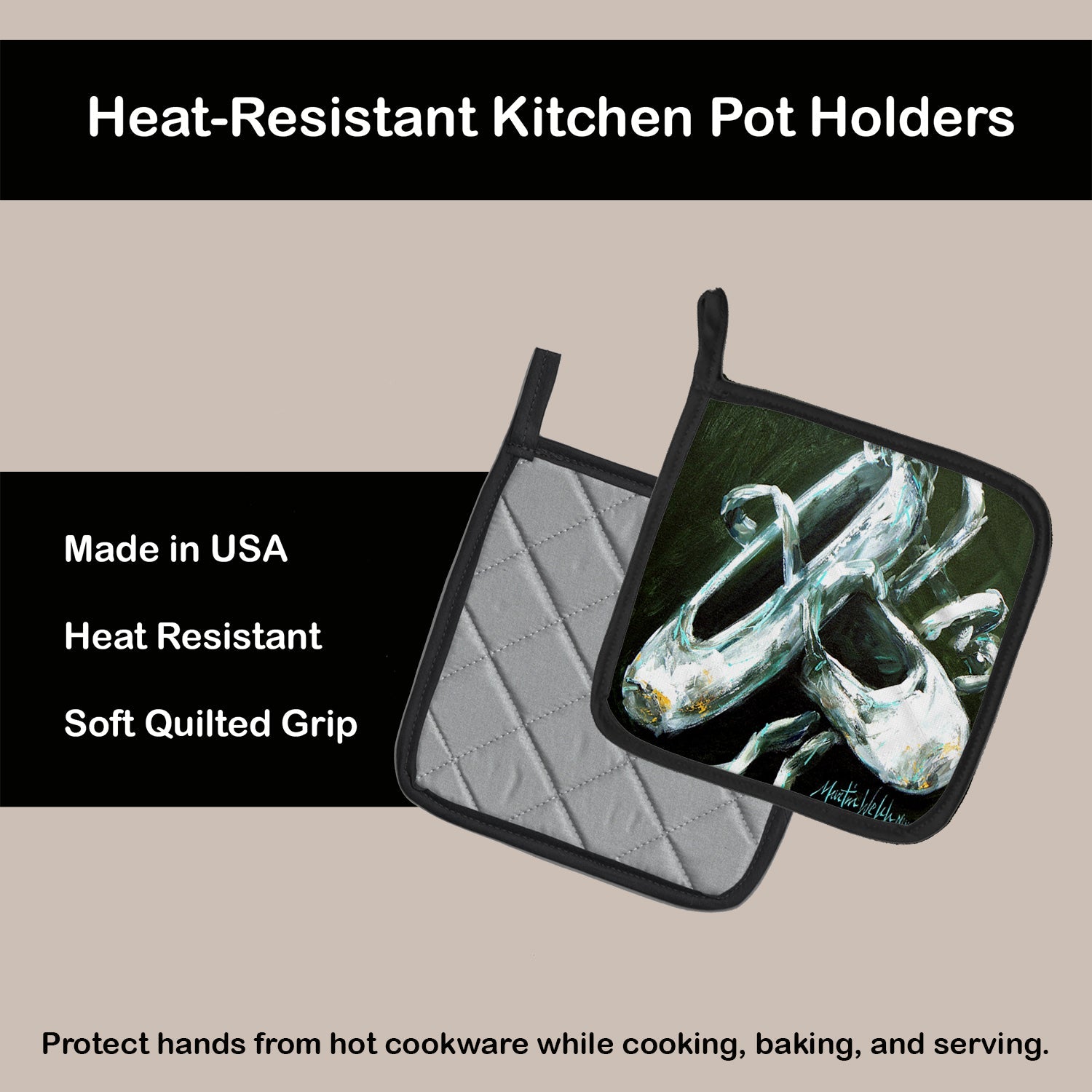 Ballet Golden Toes Pot Holder Set of 2 Heat Resistant Quilted Hot Pads 7.5 x 7.5 Inch, Insulated Kitchen Trivets for Cooking & Baking