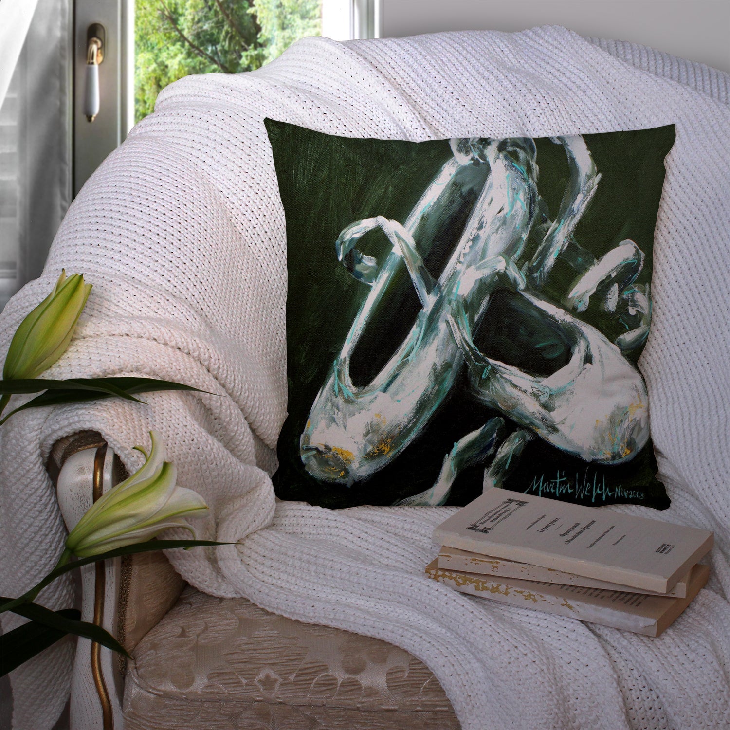 Ballet Golden Toes Decorative Throw Pillow 14x14 Indoor Outdoor Accent Cushion, Fabric Cover with Insert for Sofa, Bed, Porch & Living Room