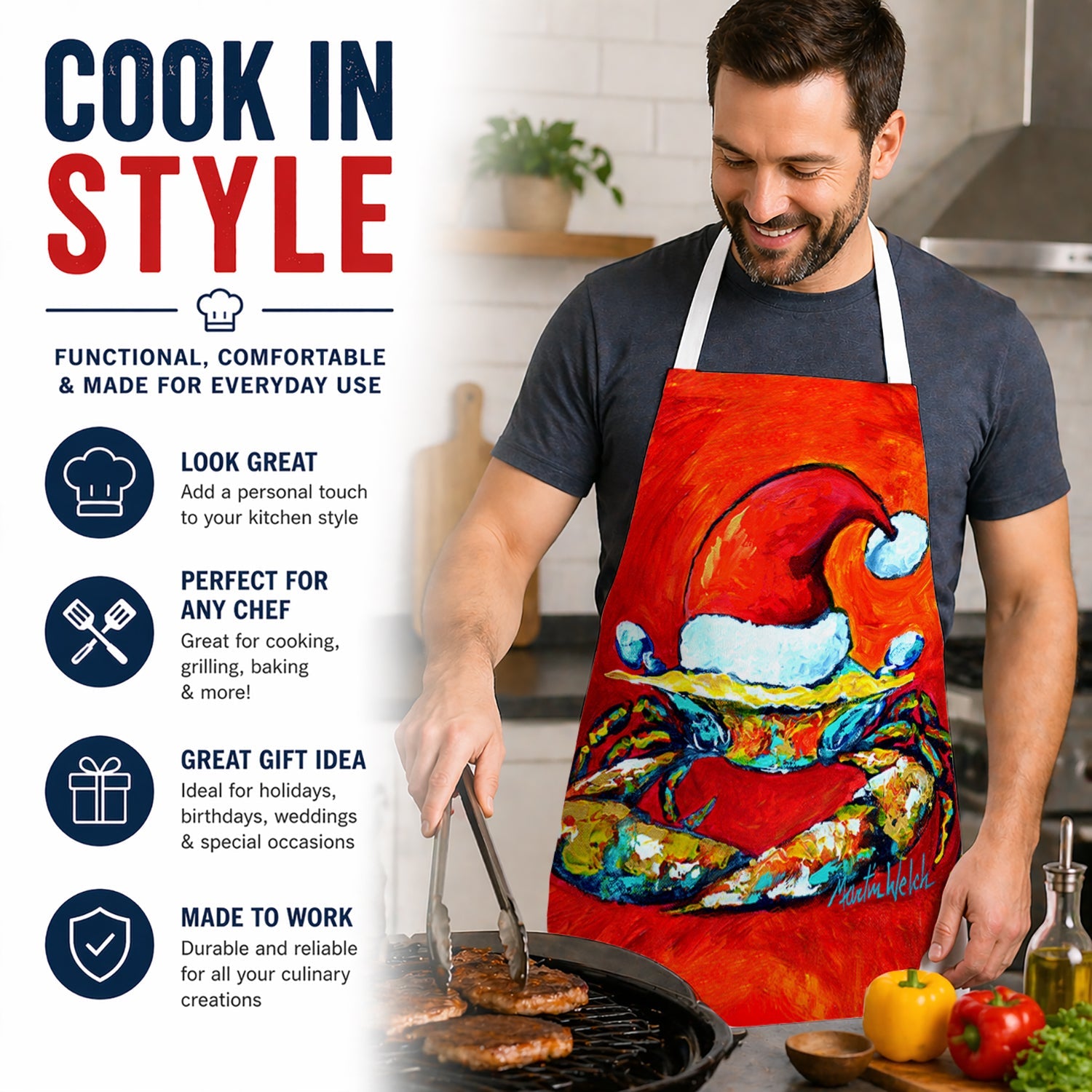 Crab in Santa Hat Santa Claws Apron Cooking Kitchen Server Baking Crafts Gardening for Adult Women Men, Unisex, Large, Multicolor