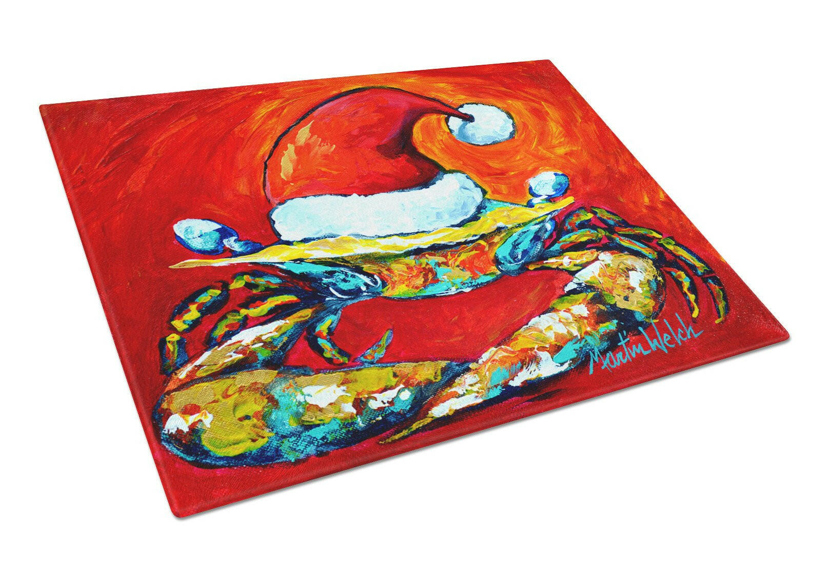 Crab in Santa Hat Santa Claws Cutting Board Tempered Glass Kitchen Cutting Surface, Heat Resistant Chopping, Non-Slip Feet, Food Prep & Serving