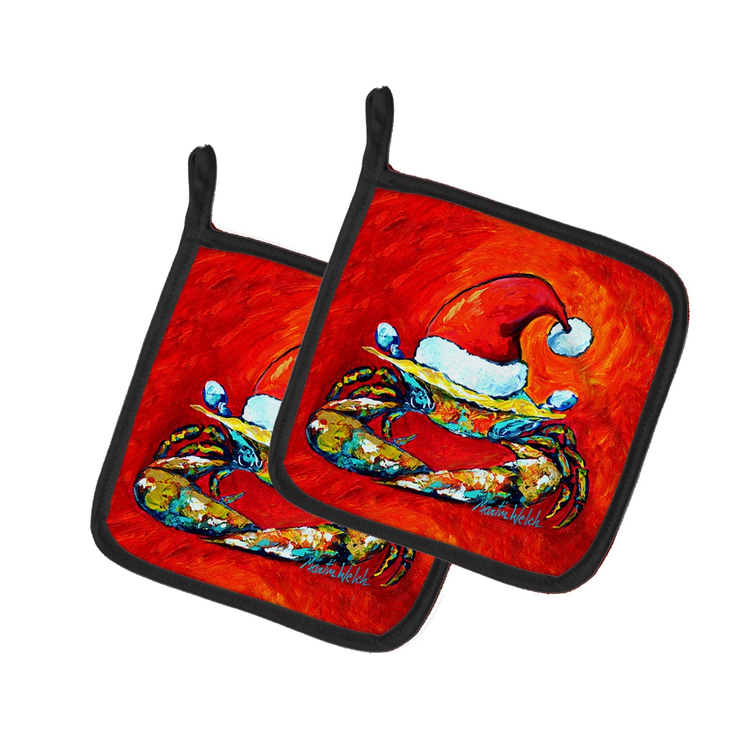 Crab in Santa Hat Santa Claws Pot Holder Set of 2 Heat Resistant Quilted Hot Pads 7.5 x 7.5 Inch, Insulated Kitchen Trivets for Cooking & Baking