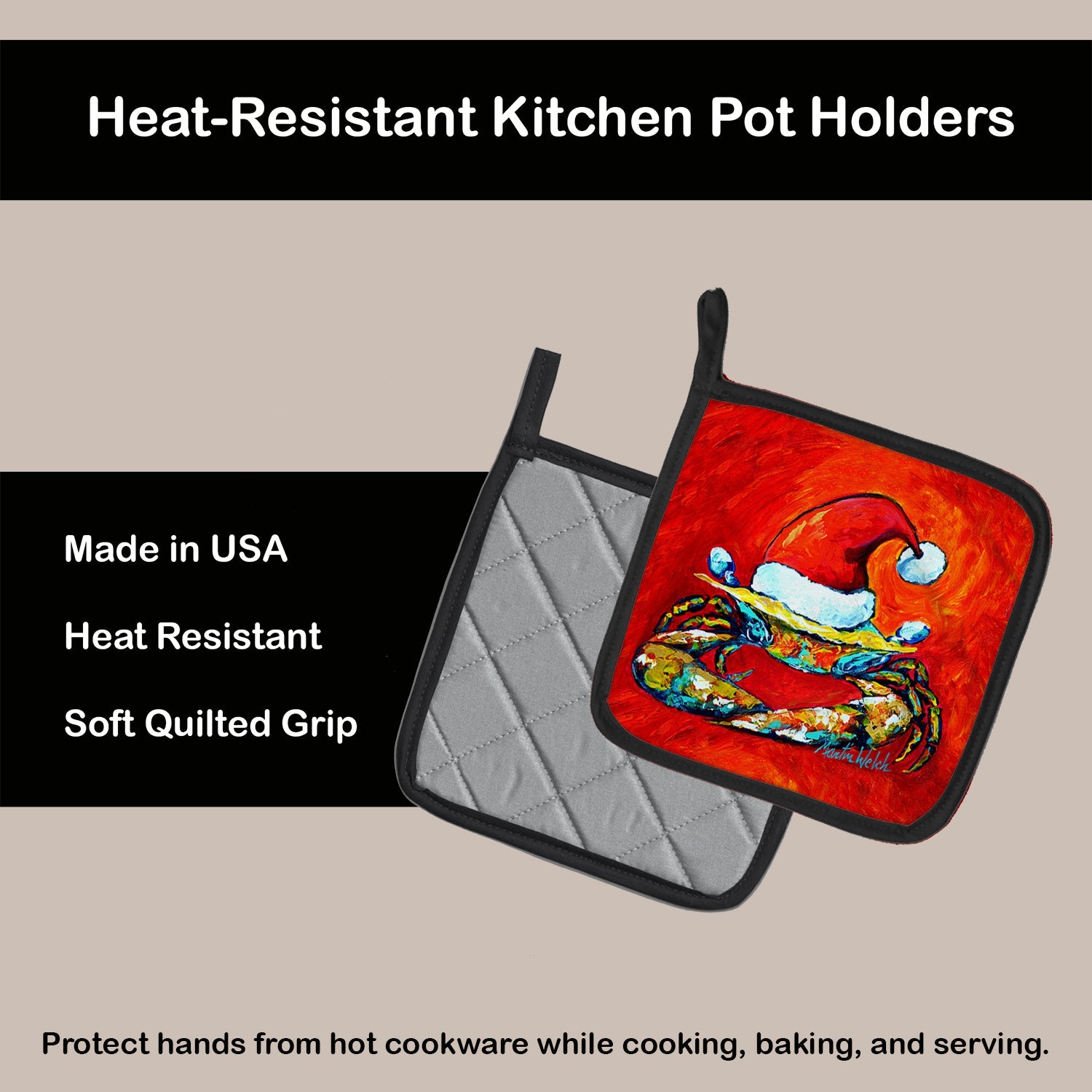 Crab in Santa Hat Santa Claws Pot Holder Set of 2 Heat Resistant Quilted Hot Pads 7.5 x 7.5 Inch, Insulated Kitchen Trivets for Cooking & Baking