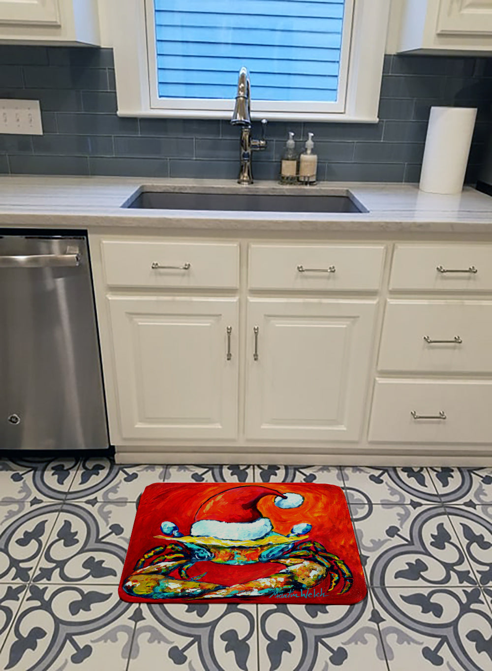 Crab in Santa Hat Santa Claws Memory Foam Kitchen Mat Machine Washable Anti-Fatigue Cushion Comfort Bath or Kitchen Rug