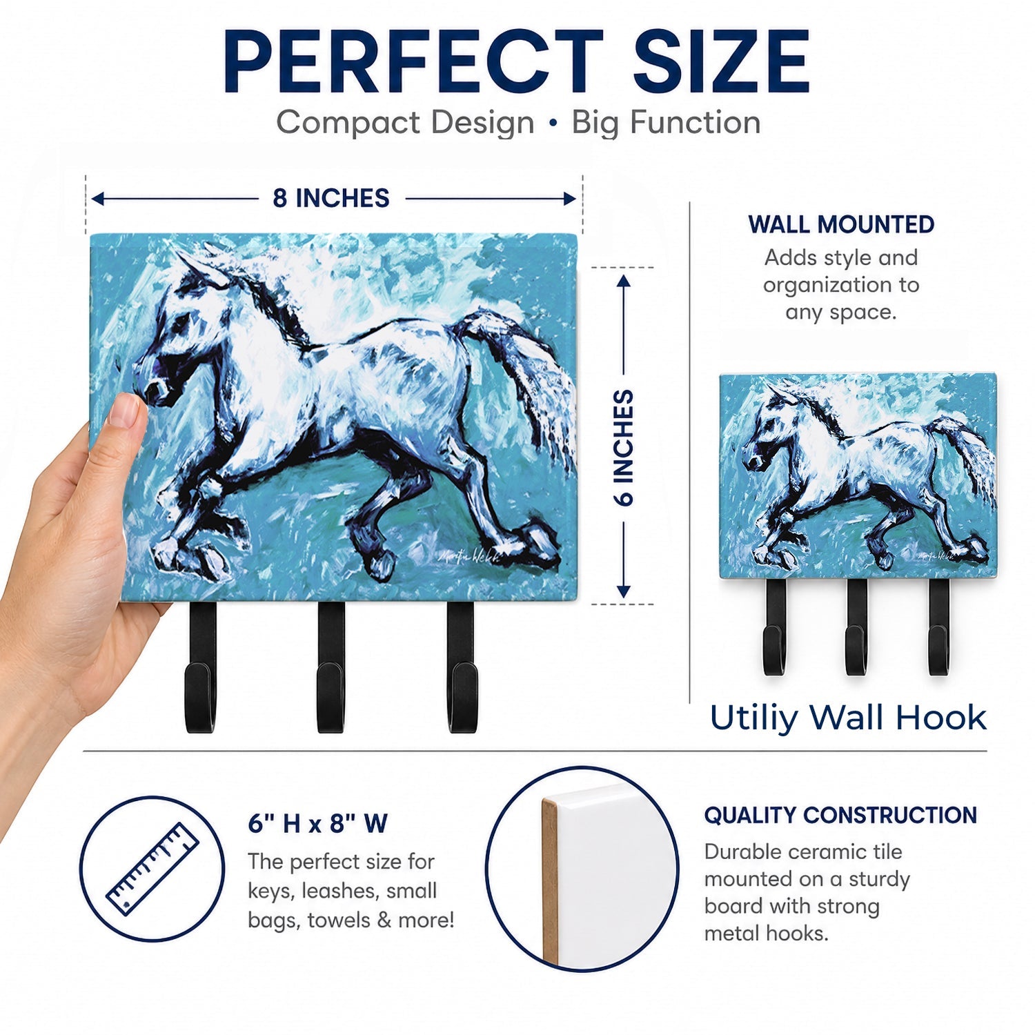Shadow the Horse in blue Leash or Key Holder Wall Hooks, Coat Rack Wall Mount, for Hanging Keys, Towels, Aprons, Leashes