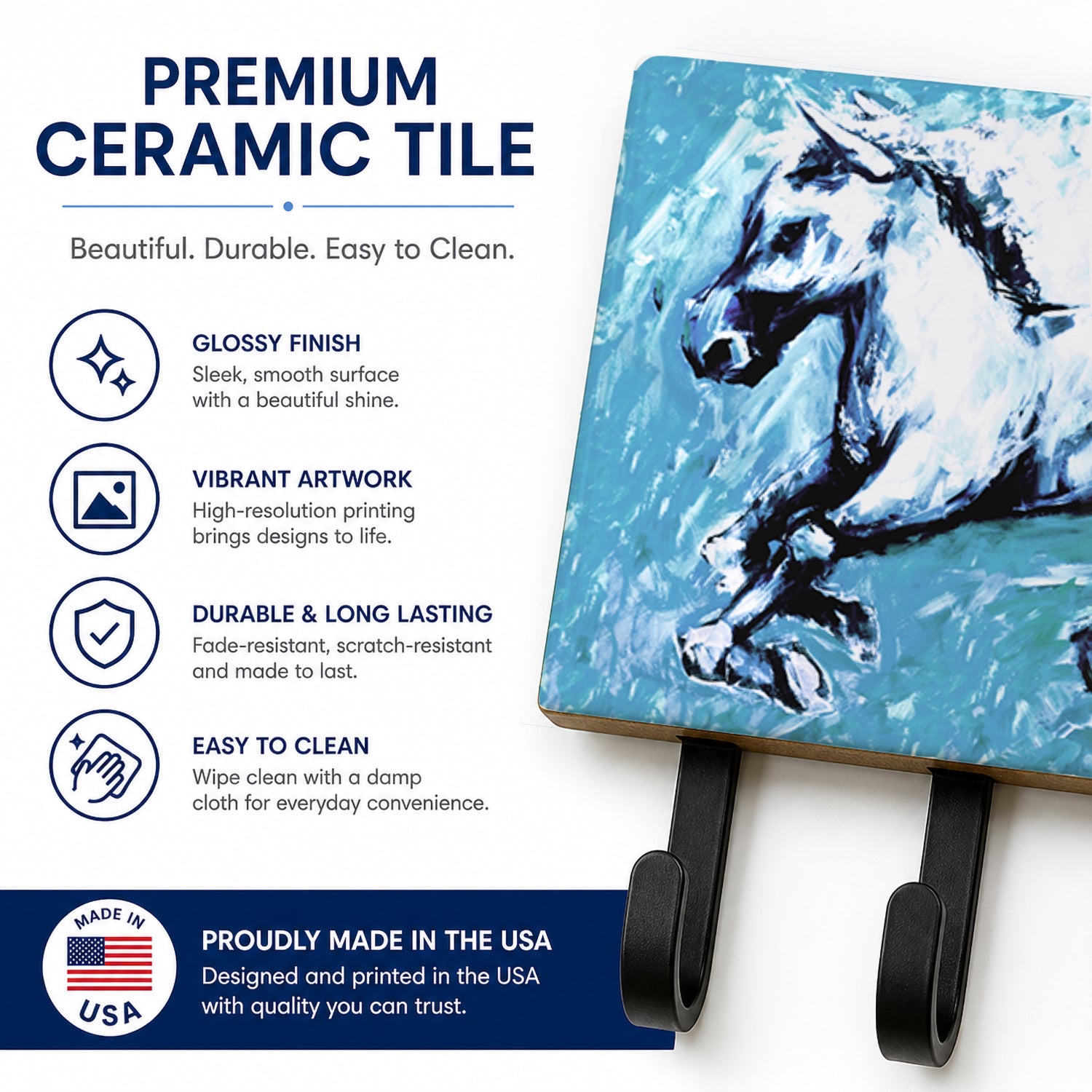 Shadow the Horse in blue Leash or Key Holder Wall Hooks, Coat Rack Wall Mount, for Hanging Keys, Towels, Aprons, Leashes