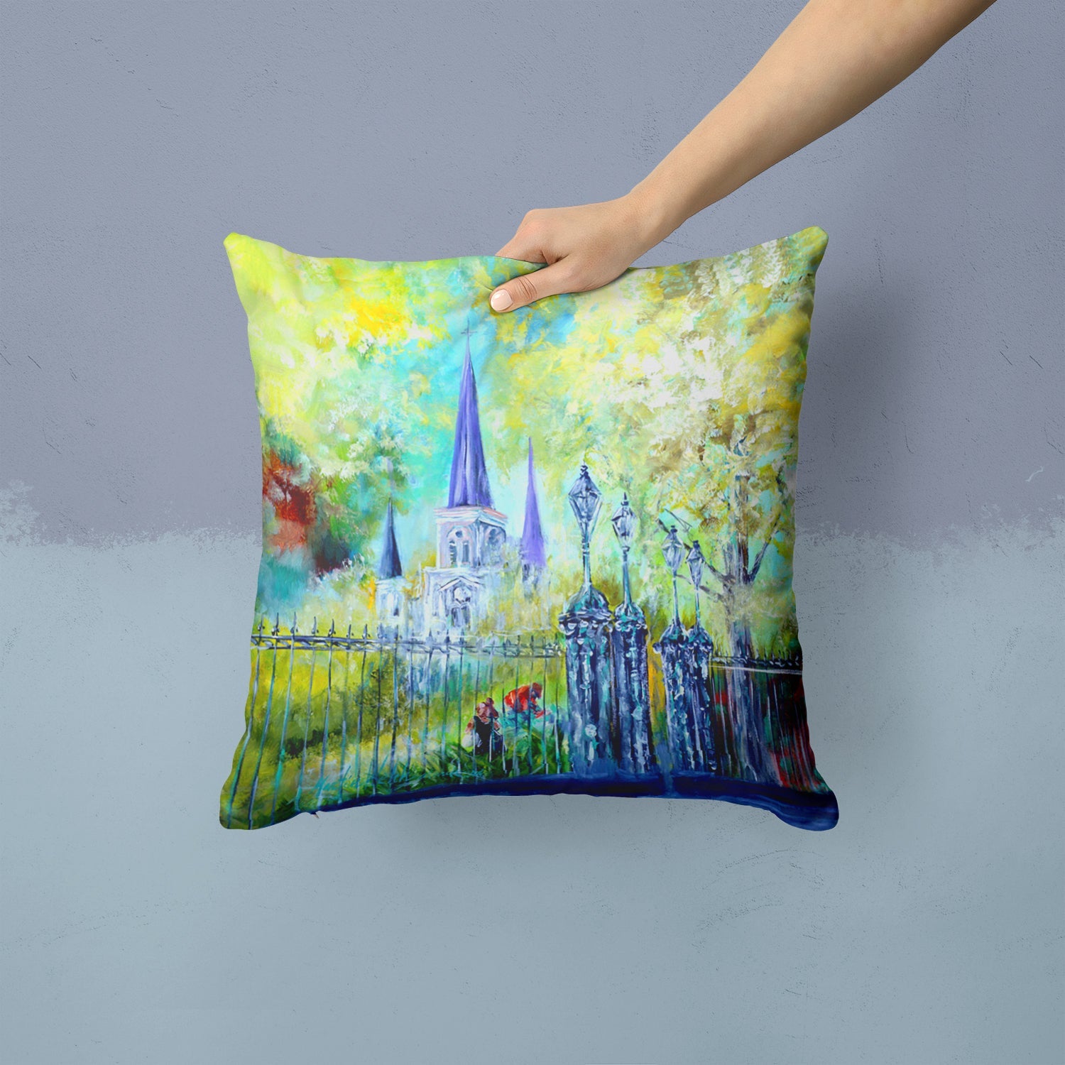 Across the Square St Louis Cathedral Decorative Throw Pillow 14x14 Indoor Outdoor Accent Cushion, Fabric Cover with Insert for Sofa, Bed, Porch & Living Room