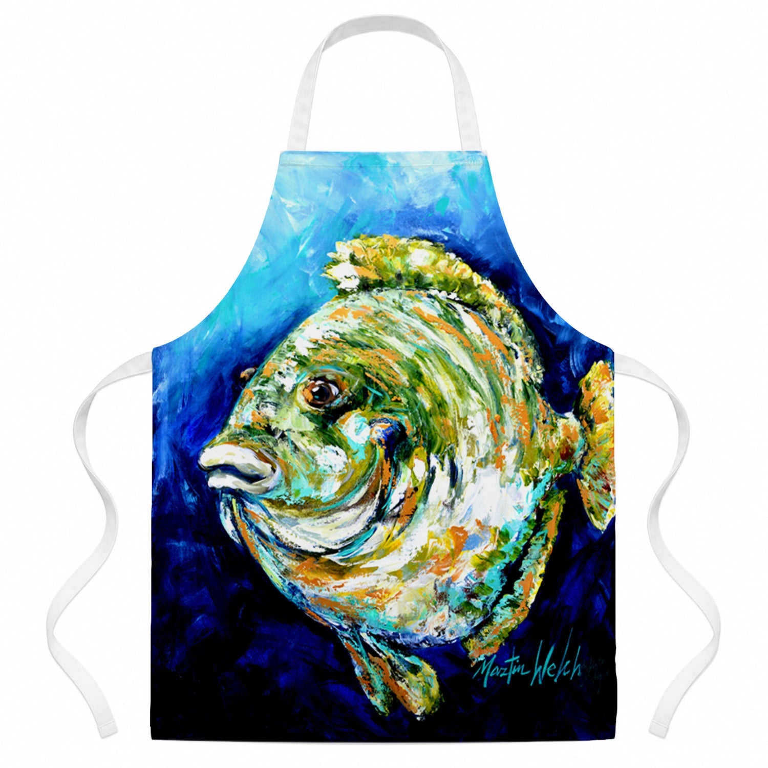 Lucky Blue Gill Fish Apron Cooking Kitchen Server Baking Crafts Gardening for Adult Women Men, Unisex, Large, Multicolor