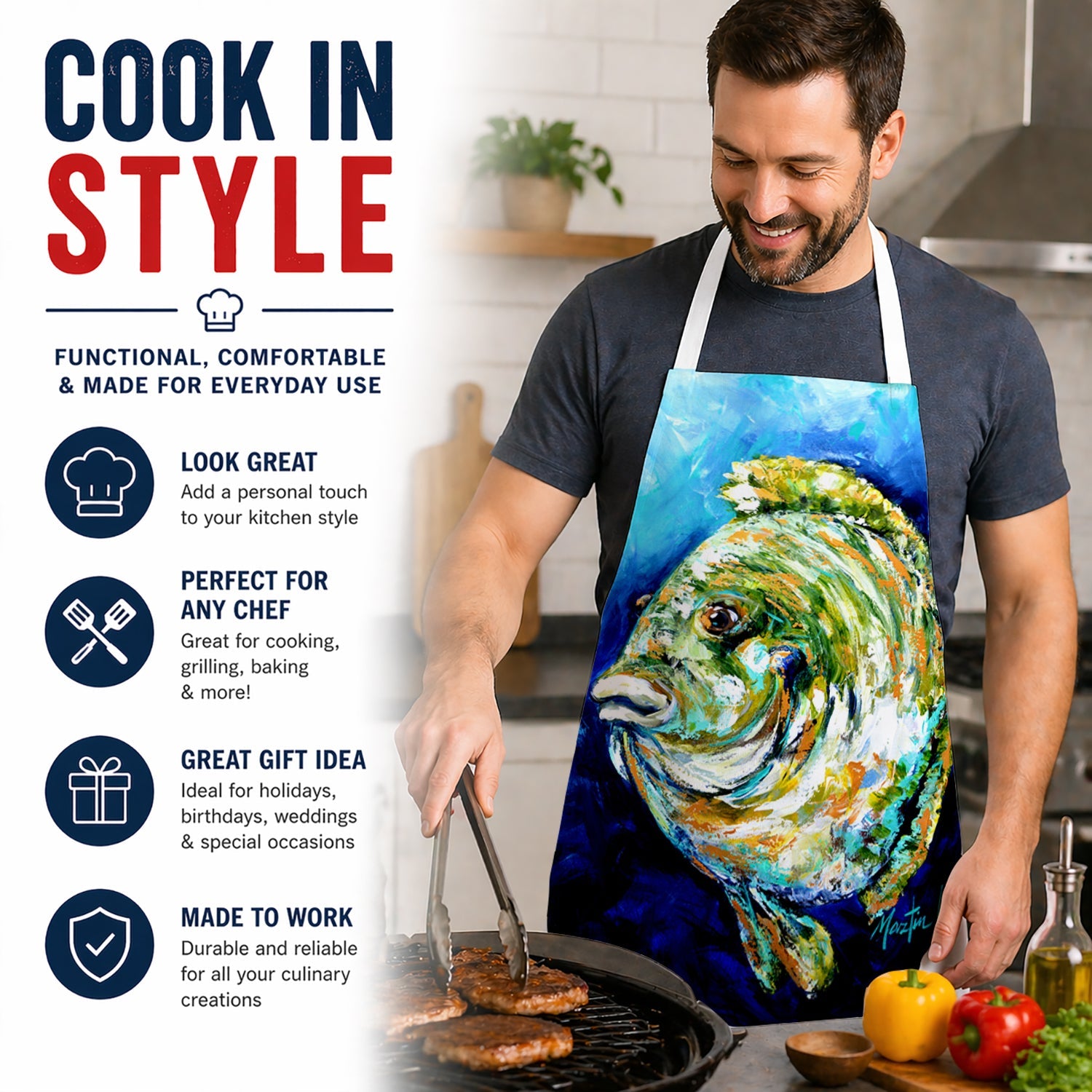 Lucky Blue Gill Fish Apron Cooking Kitchen Server Baking Crafts Gardening for Adult Women Men, Unisex, Large, Multicolor