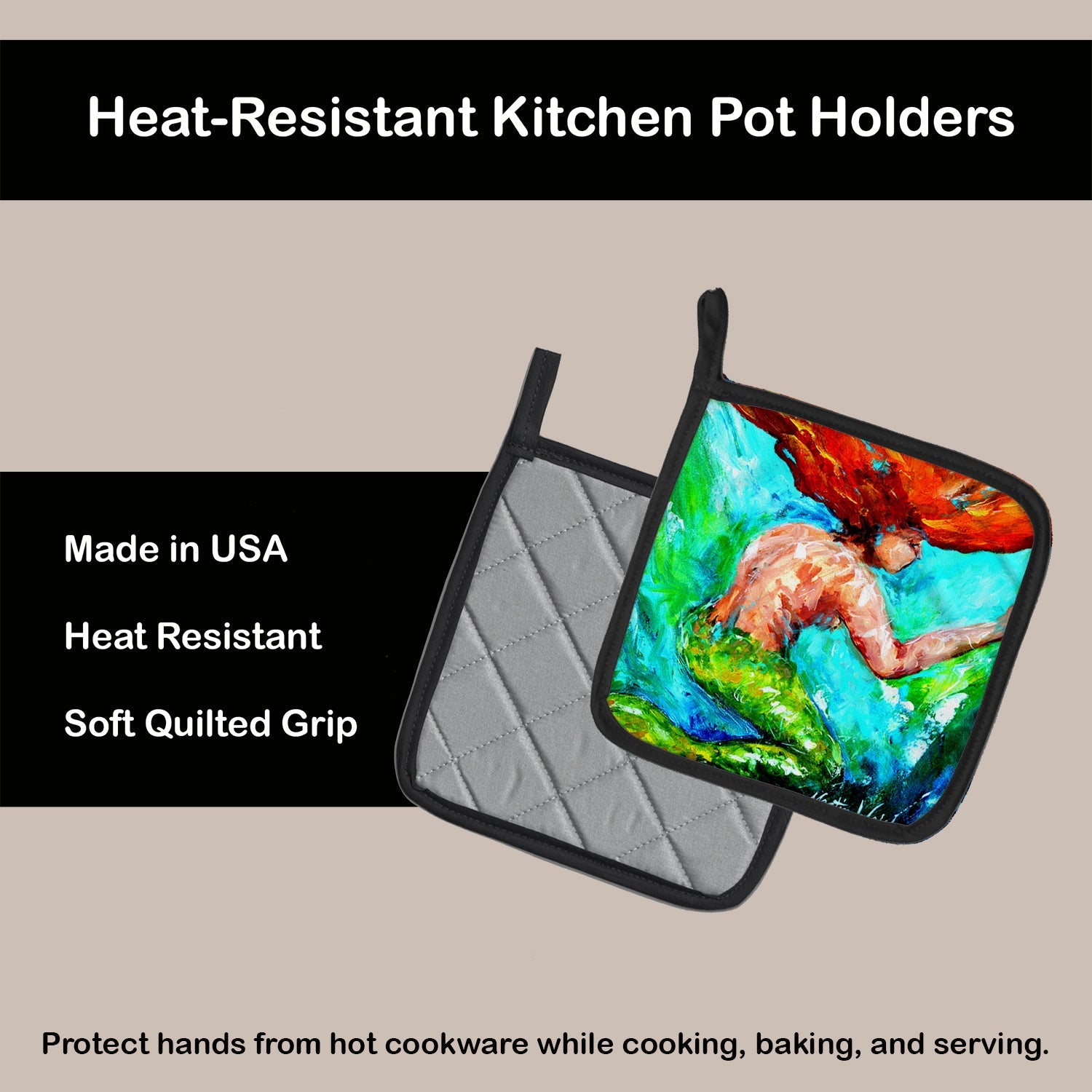 Mermaids Heaven Pot Holder Set of 2 Heat Resistant Quilted Hot Pads 7.5 x 7.5 Inch, Insulated Kitchen Trivets for Cooking & Baking