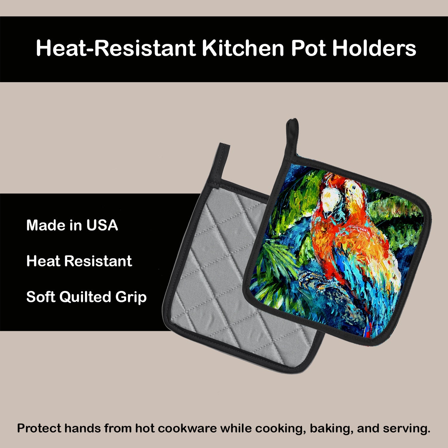 Yo Yo Mama Parrot Pot Holder Set of 2 Heat Resistant Quilted Hot Pads 7.5 x 7.5 Inch, Insulated Kitchen Trivets for Cooking & Baking