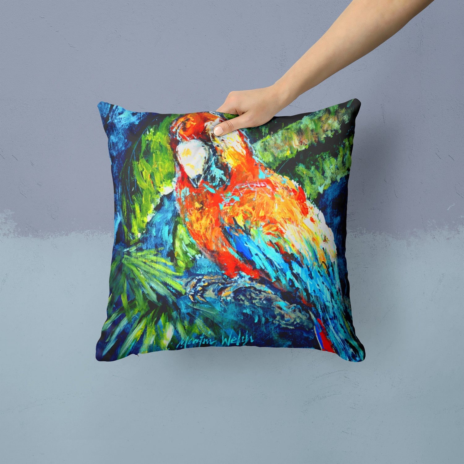 Yo Yo Mama Parrot Decorative Throw Pillow 14x14 Indoor Outdoor Accent Cushion, Fabric Cover with Insert for Sofa, Bed, Porch & Living Room