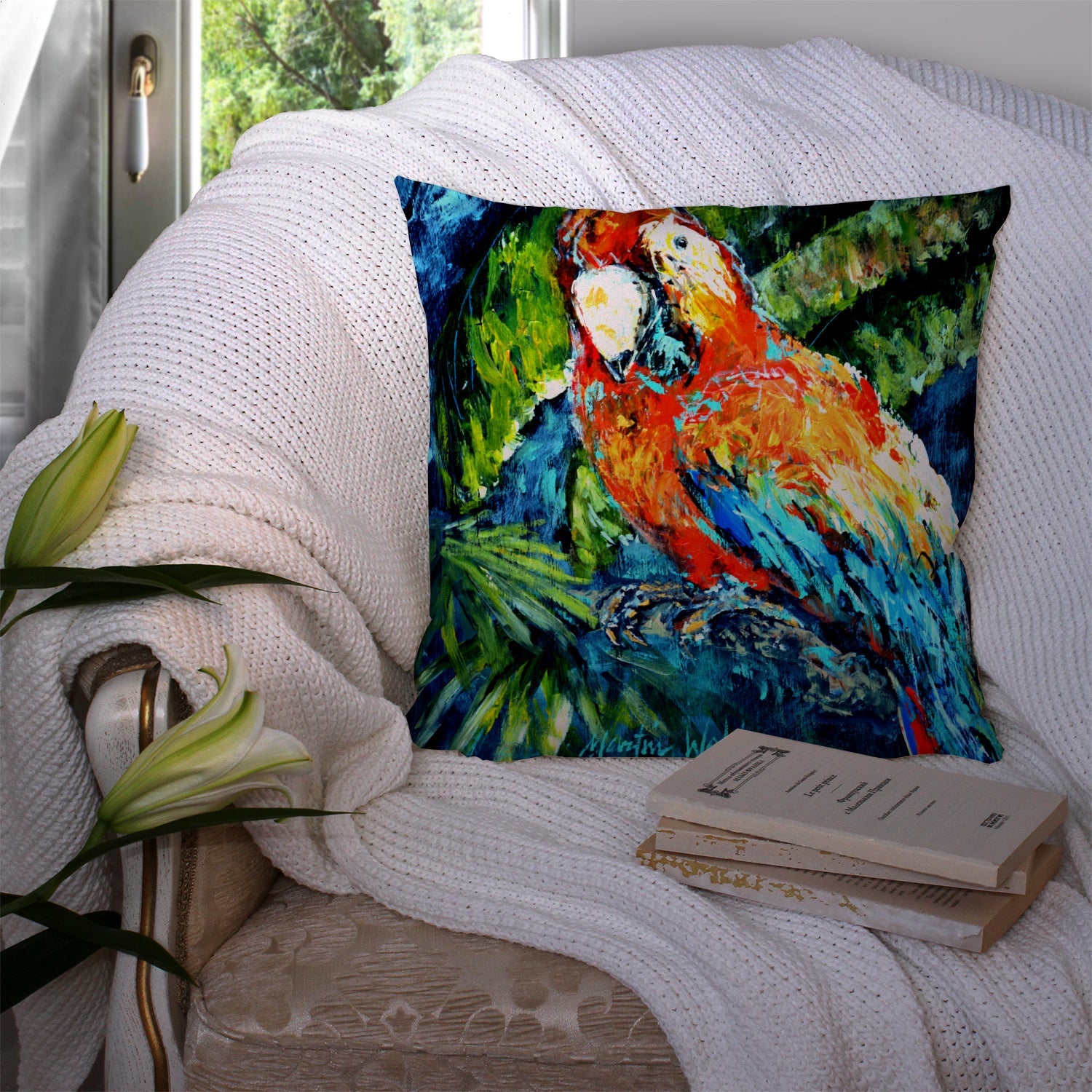 Yo Yo Mama Parrot Decorative Throw Pillow 14x14 Indoor Outdoor Accent Cushion, Fabric Cover with Insert for Sofa, Bed, Porch & Living Room