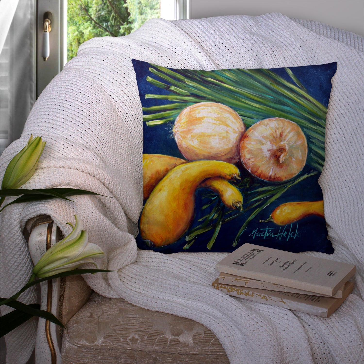 Crooked Neck Squash Decorative Throw Pillow 14x14 Indoor Outdoor Accent Cushion, Fabric Cover with Insert for Sofa, Bed, Porch & Living Room