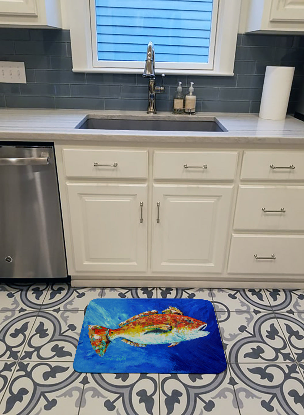 Red Fish White Spin Memory Foam Kitchen Mat Machine Washable Anti-Fatigue Cushion Comfort Bath or Kitchen Rug