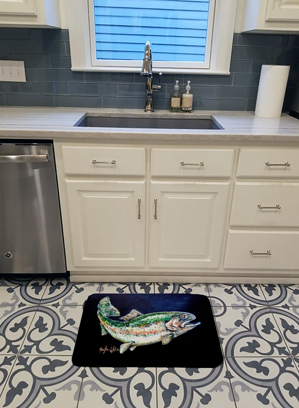 Deep Blue Rainbow Trout Memory Foam Kitchen Mat Machine Washable Anti-Fatigue Cushion Comfort Bath or Kitchen Rug