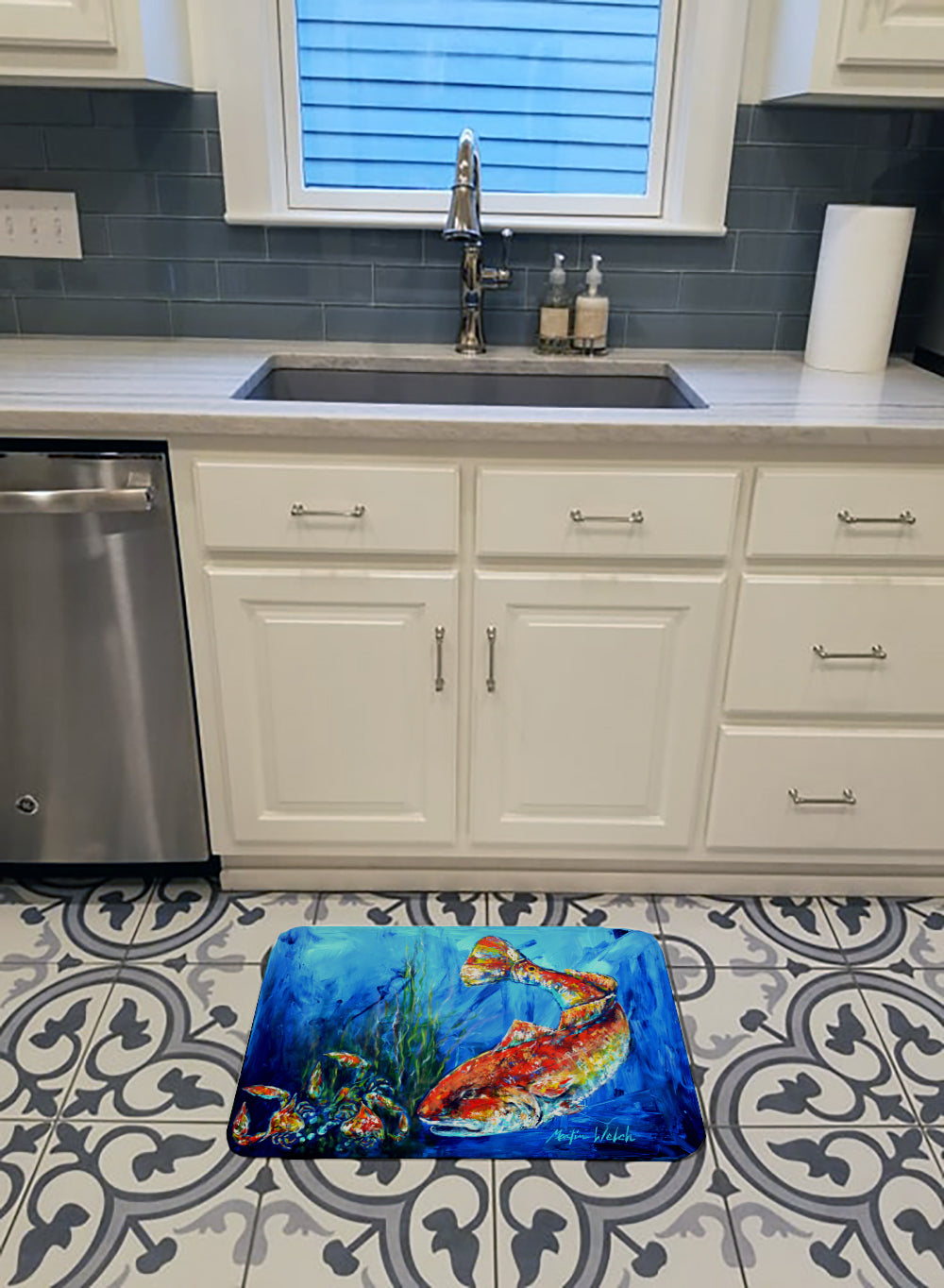 Scattered Red Fish Memory Foam Kitchen Mat Machine Washable Anti-Fatigue Cushion Comfort Bath or Kitchen Rug