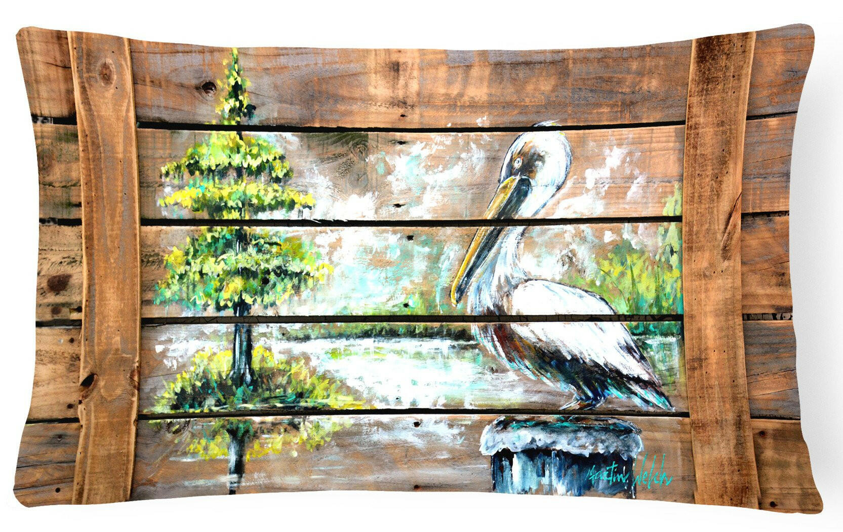 Summer by the Lake White Pelican Decorative Throw Pillow 12x16 Indoor Outdoor Accent Cushion, Fabric Cover with Insert for Sofa, Bed, Porch & Living Room