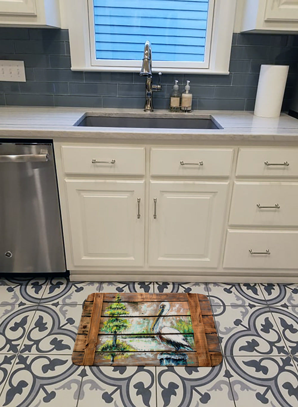 Summer by the Lake White Pelican Memory Foam Kitchen Mat Machine Washable Anti-Fatigue Cushion Comfort Bath or Kitchen Rug