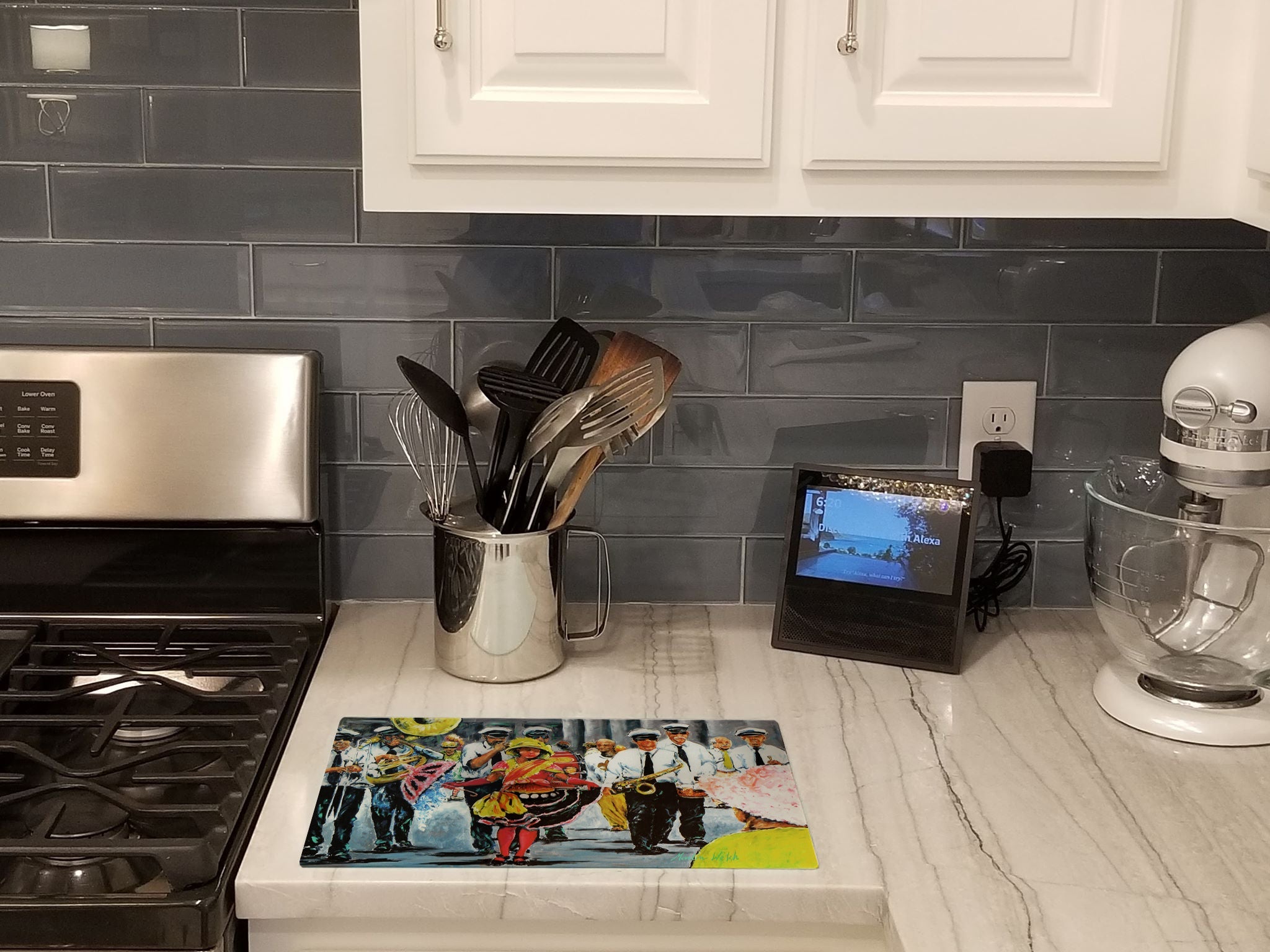 Dancing in the Streets Mardi Gras Cutting Board Tempered Glass Kitchen Cutting Surface, Heat Resistant Chopping, Non-Slip Feet, Food Prep & Serving