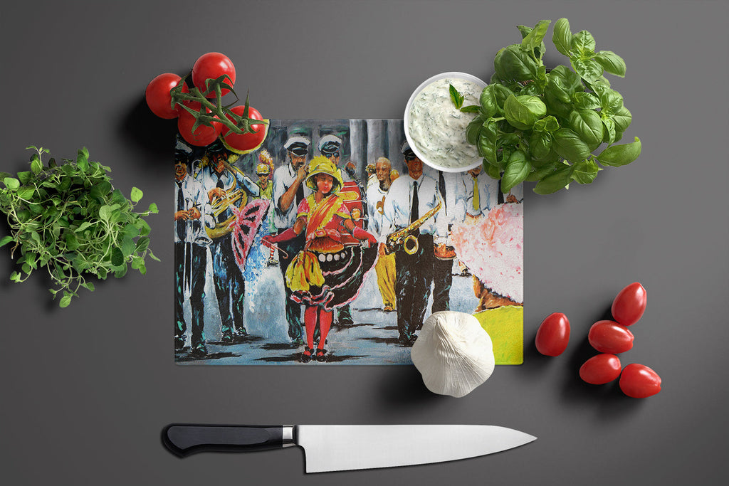 Dancing in the Streets Mardi Gras Cutting Board Tempered Glass Kitchen Cutting Surface, Heat Resistant Chopping, Non-Slip Feet, Food Prep & Serving