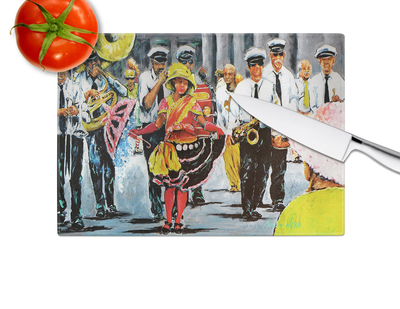Dancing in the Streets Mardi Gras Cutting Board Tempered Glass Kitchen Cutting Surface, Heat Resistant Chopping, Non-Slip Feet, Food Prep & Serving