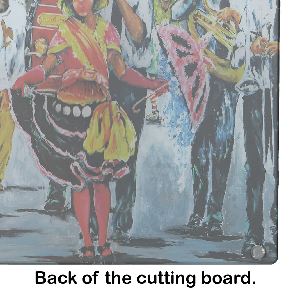 Dancing in the Streets Mardi Gras Cutting Board Tempered Glass Kitchen Cutting Surface, Heat Resistant Chopping, Non-Slip Feet, Food Prep & Serving
