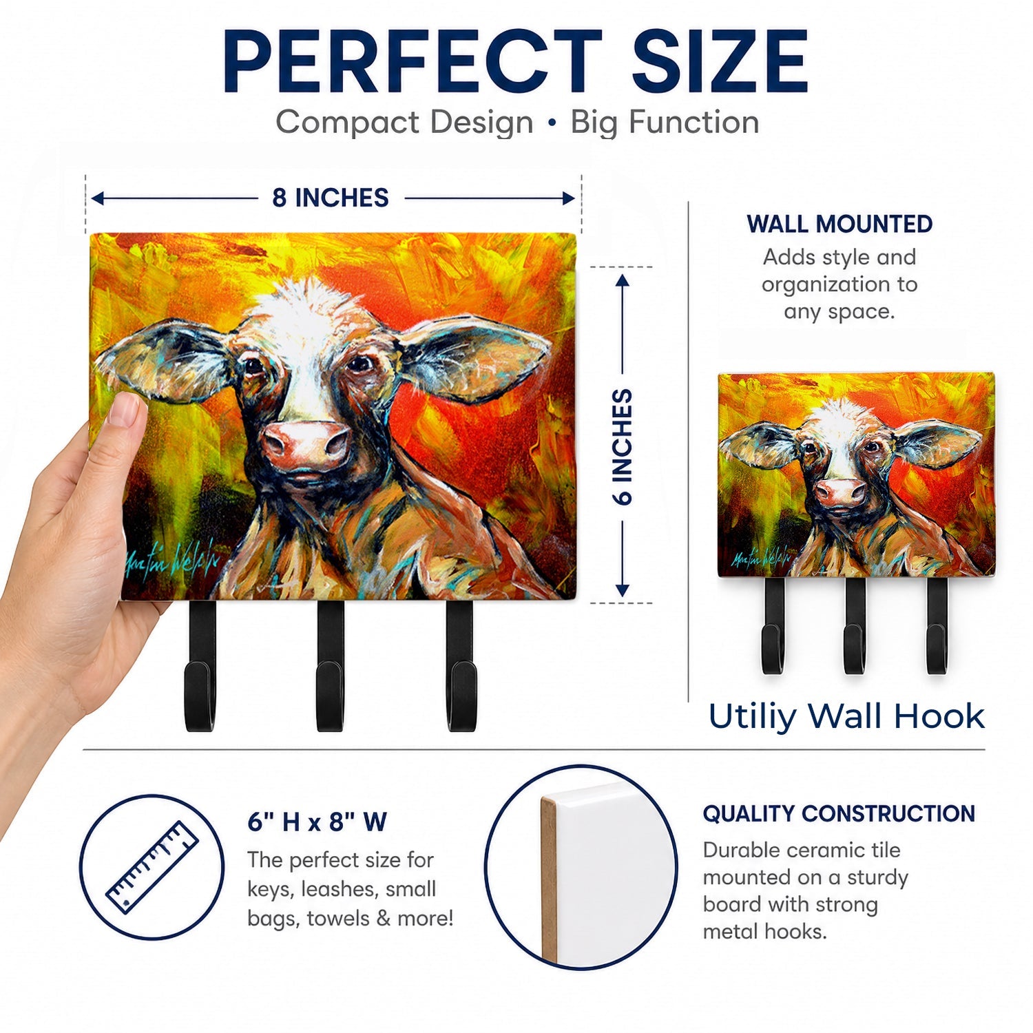 Another Happy Cow Leash or Key Holder Wall Hooks, Coat Rack Wall Mount, for Hanging Keys, Towels, Aprons, Leashes
