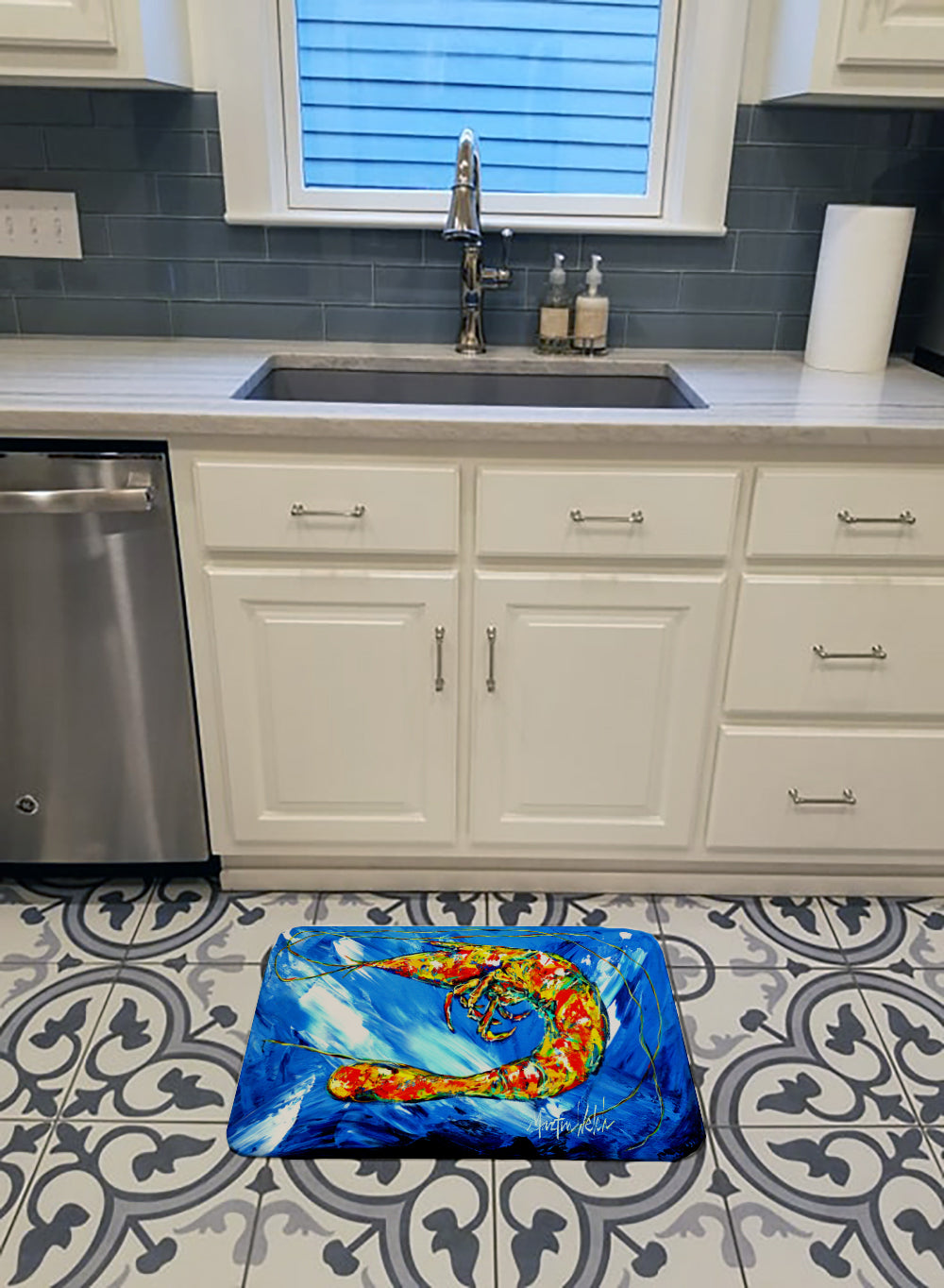 Ice Blue Shrimp Memory Foam Kitchen Mat Machine Washable Anti-Fatigue Cushion Comfort Bath or Kitchen Rug