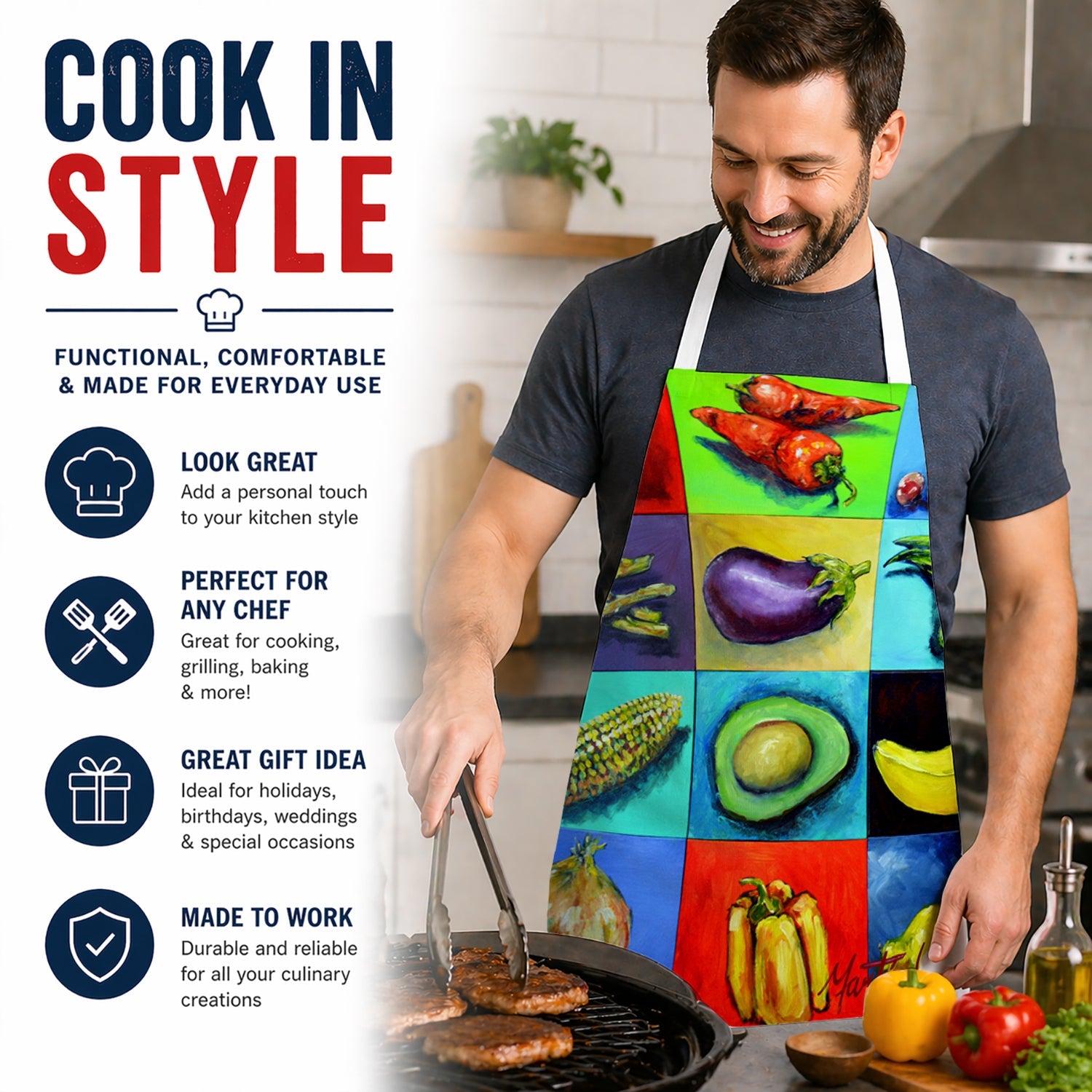 Mixed Fruits and Vegetables Apron Cooking Kitchen Server Baking Crafts Gardening for Adult Women Men, Unisex, Large, Multicolor