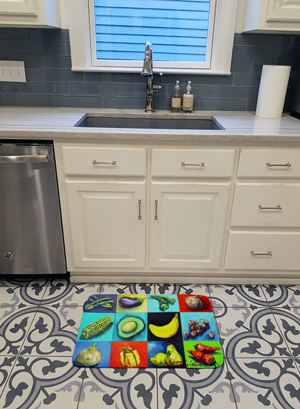 Mixed Fruits and Vegetables Memory Foam Kitchen Mat Machine Washable Anti-Fatigue Cushion Comfort Bath or Kitchen Rug