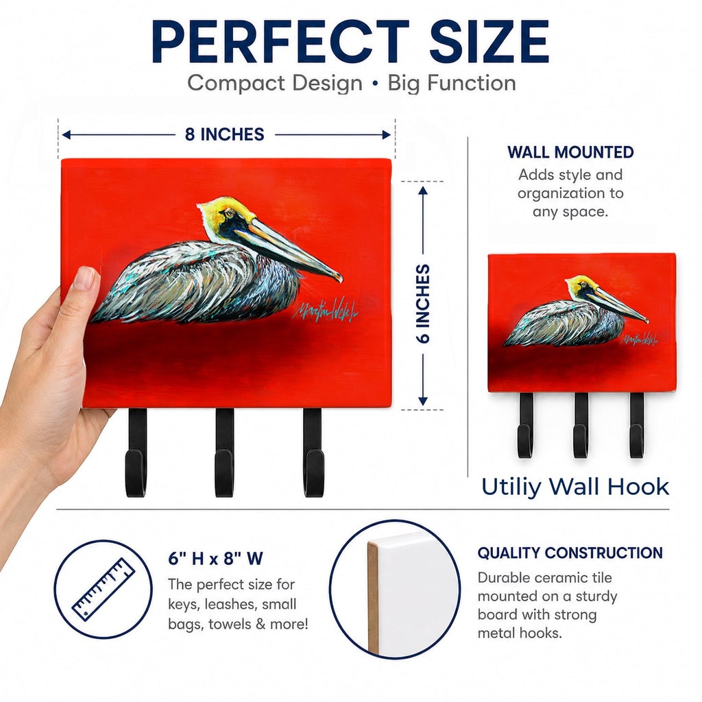 Sitting Brown Pelican Leash or Key Holder Wall Hooks, Coat Rack Wall Mount, for Hanging Keys, Towels, Aprons, Leashes