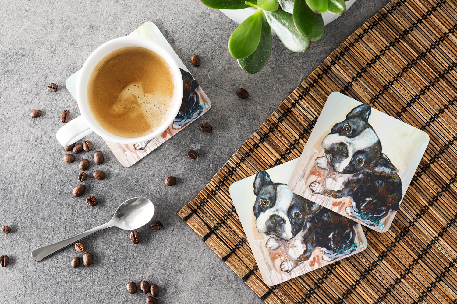 Boston Terrier Jake The Look Foam Coasters Set of 4 Cup Coasters for Indoor Outdoor, Tabletop Protection, Anti Slip, Mouse pad Material